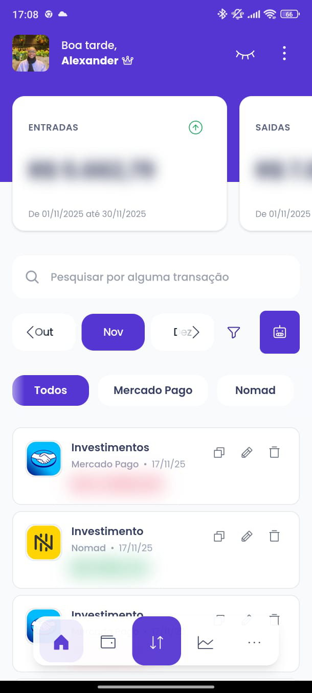 Tela principal do app Uollet mostrando resumo financeiro