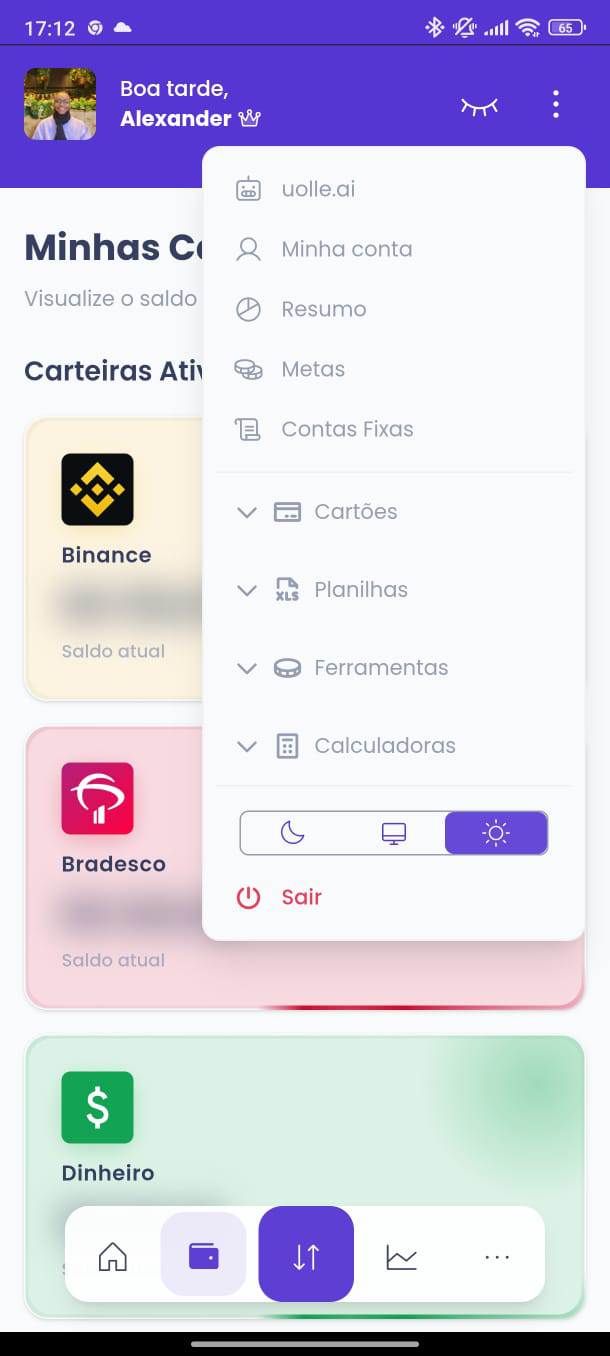 Tela do app Uollet com acompanhamento de orçamentos